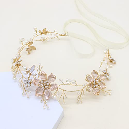 Oriamour Gold Bridal Hair Vine with Floral Pearl Design for Wedding