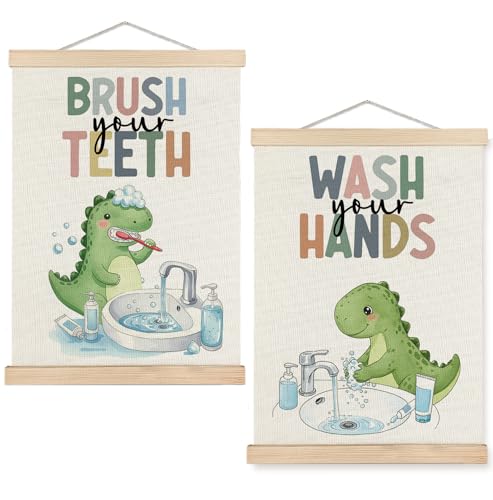 Dinosaur Bathroom Wall Art Set of 2 - Cute Canvas Prints 12x16