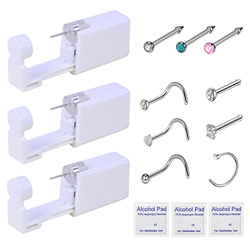 Nose Piercing Kit with Self Piercing Gun, Studs & Rings - Hypoallergenic 3 Pack