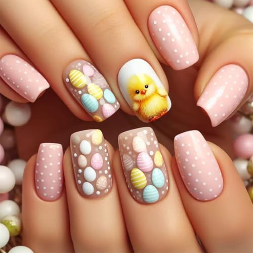 Easter Style 03 Short Press On Nails 24pcs Pink Easter Egg & Duck Design for Women & Girls