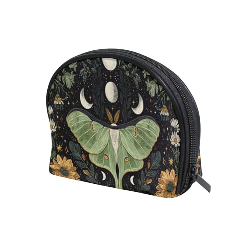 MNSRUU Small Shell Makeup Bag - Green Moth Pattern Travel Organizer Pouch