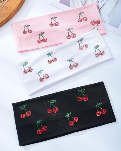 Mesovor 3-Pack Stretchy Cherry Rhinestone Headbands for Women & Girls