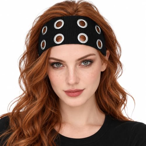 JENSVOIR Wide Black Grommet Headband for Women & Men – Eyelet Hair Band, Pack of 1