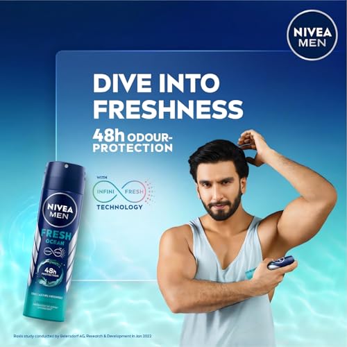 NIVEA MEN Fresh Ocean Deodorant Spray - Long-Lasting Citrus Marine Fragrance, 150ml, Pack of 3