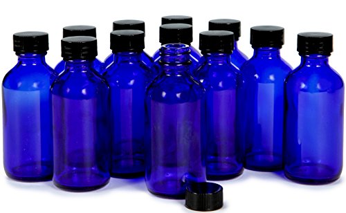 Vivaplex 2 oz Cobalt Blue Glass Bottles with Black Lids - 12 Pack