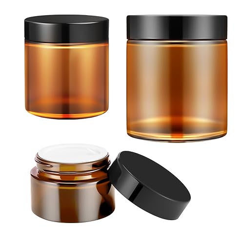 Amber Glass Jars Set - 4oz, 2oz, 1oz with Black Lids | Leakproof & BPA-Free