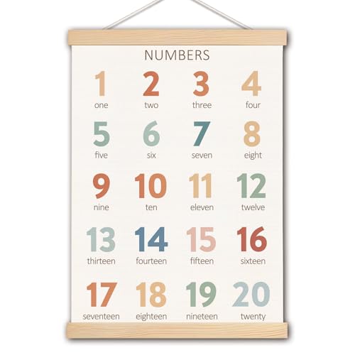 Numbers 1-20 Educational Poster with Wooden Hanger - 12.5x17 Inch Nursery Wall Art