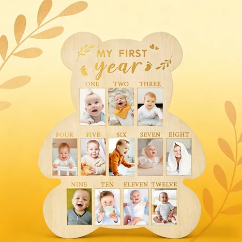 Wooden Photo Board for Baby's First Year Milestones - 12 Monthly Picture Frame