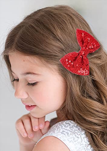 12-Piece Red Sequin Cheer Bows for Girls - 4.7" Large Hair Clips