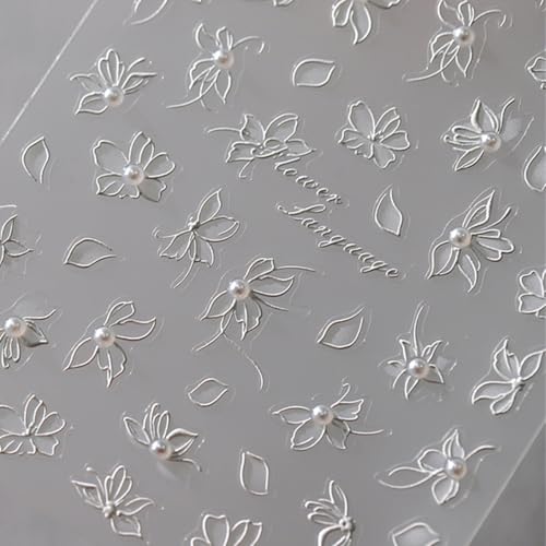 5D Embossed White Flower Nail Art Stickers - Self-Adhesive Decals