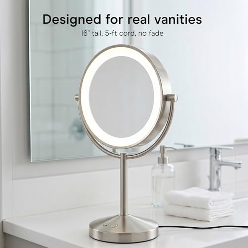 Conair Double-Sided 1X/10X Magnifying LED Vanity Mirror | 1X/10X double-sided mirror with 3 LED color modes and 360¡Æ rotation, Satin Nickel, Model BE401X23