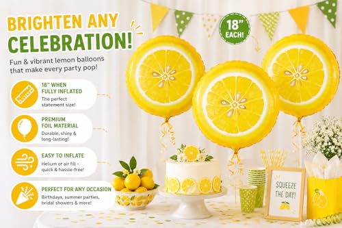 Set of 3 Lemon Foil Balloons - 18" Summer Party Decor