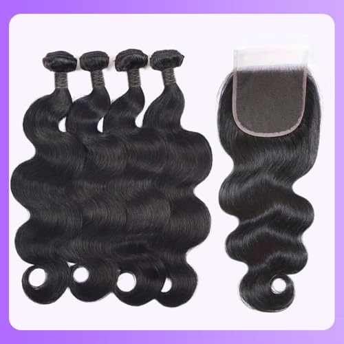 Body Wave Bundles with Closure Human Hair 18 20 22 24 + 16 Inch Brazilian Human Hair 3 Bundles with 4x4 HD Lace Closure Part 12A Grade 100% Unprocessed Virgin Hair