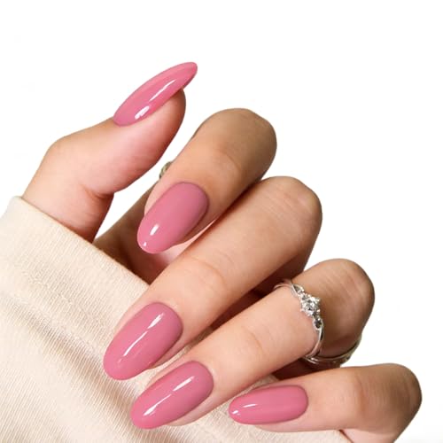 Shoindary Rose Red Medium Almond Press On Nails - Valentine's Solid Color Fake Nails Set for Women