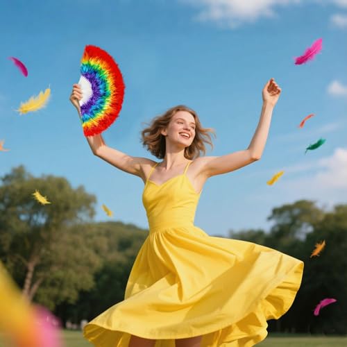 Rainbow Feather Hand Fan - 20-Inch Folding Fan for Festivals & Parties