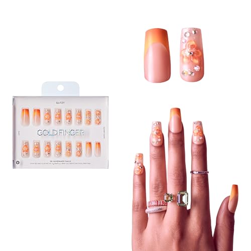 Goldfinger Grand Long Square 3D Handmade Press On Nail Kit with Rhinestones, Reusable, Lasts 2 Weeks