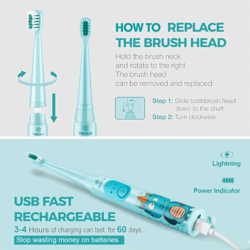 Vekkia Rechargeable Kids Electric Toothbrush - Blue, 3 Modes, Soft Bristles, Waterproof