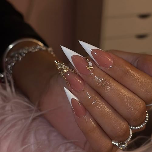 Luxury Handmade Stiletto Press-On Nails S / 083-4 with 3D Rhinestones & French Tip