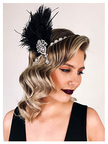 SWEETV 1920s Flapper Headpiece, Black Ostrich Feather Gatsby Hair Accessory