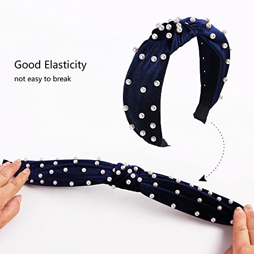 Navy Blue Velvet Pearl Knot Headband for Women - CAUDIO Wide Top Knot Cross Hairband