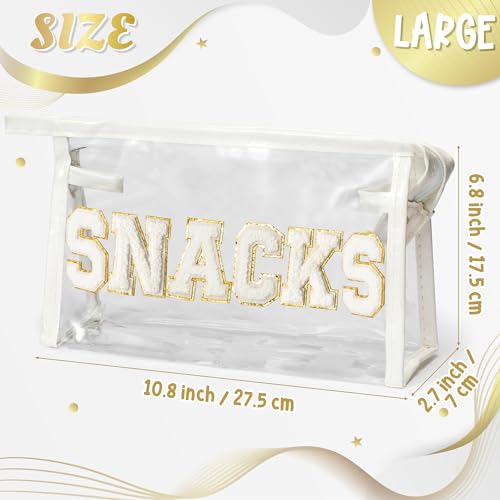 SNACKS Clear Makeup Bag, White Chenille Varsity Letter Travel Pouch