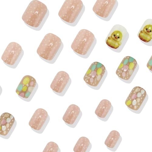Easter Style 03 Short Press On Nails 24pcs Pink Easter Egg & Duck Design for Women & Girls