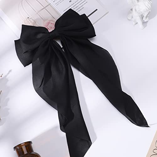 Large Satin Hair Bow Clip for Women - Black Ribbon Barrette