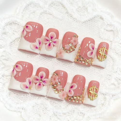 Handmade Duck Nails Style 22 - 10 Pcs Pink French Press On Nails with 3D Flower Designs