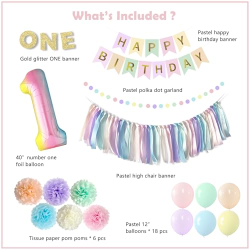 Pastel Rainbow 1st Birthday Party Decorations Set for Girls