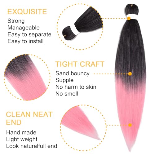 Pre-Stretched Braiding Hair for Women - Black to Pink, 16 Inch, 3 Packs