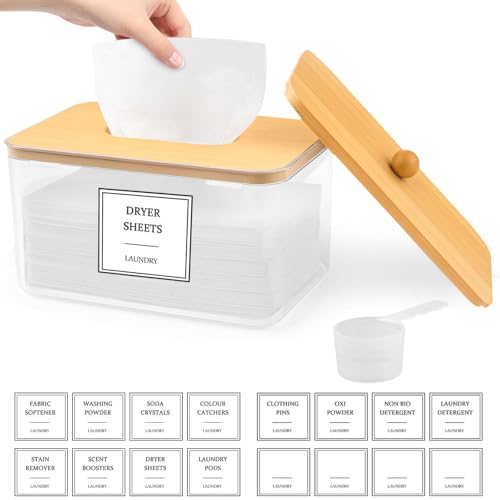 Clear Dryer Sheet Holder with Bamboo Lid & Labels - 2-in-1 Dispenser
