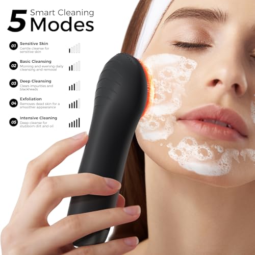 Ccigedy Black Electric Facial Cleansing Brush with LED Light & Warming Function