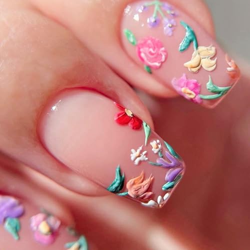 Colorful 3D Flower Press-On Nails | Square Acrylic Nails Set