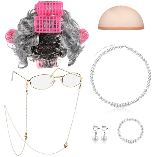Old Lady Costume Set with Gray Curly Wig, Glasses, and Pearl Necklace