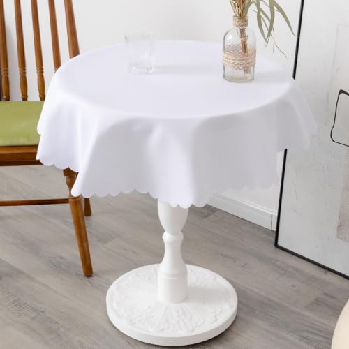 36" White Water-Resistant Polyester Round Tablecloth with Scalloped Edges