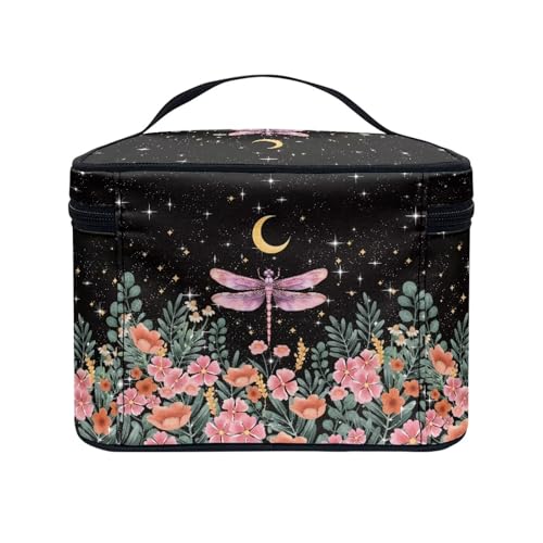 Dragonfly Floral Moon Makeup Bag - Large Capacity Travel Cosmetic Case