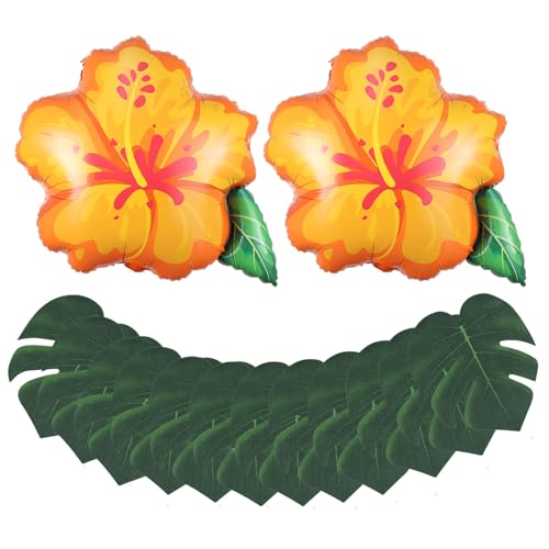 Tropical Hibiscus Flower Foil Balloons & Palm Leaves Set