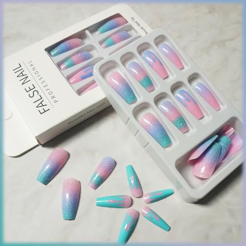 24Pcs Rainbow Gradient Coffin Nails - Sparkly Macaron Design