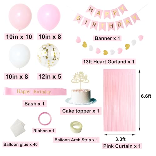 Pink Birthday Decorations Set for Girls & Women - Banner, Balloons, Cake Topper & More