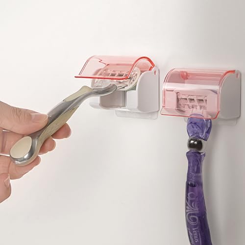 LUEXBOX 2 Pack Razor Holder with Cover for Shower Wall, Self Adhesive Razor Stand Shaver Organizer, Plastic Razor Hanger Hooks Compatible with Gillette Venus, Flamingo, BIC, Billie (Clear Pink)