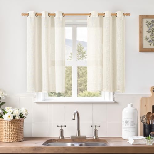 Linen Curtains for Kitchen Windows, Cream Ivory - 34x40 Inches, 2 Panels with Bronze Grommets