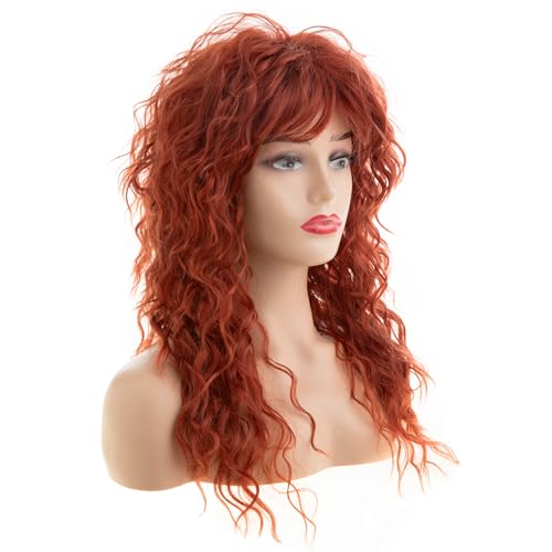 Baruisi Long Curly Wavy Orange Wig with Bangs - Synthetic Heat Resistant
