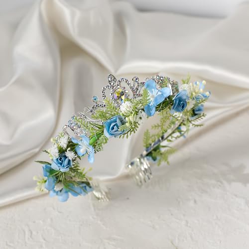 Blue Flower Crown Headband - Artificial Fairy Floral Hair Accessory for Weddings & Parties