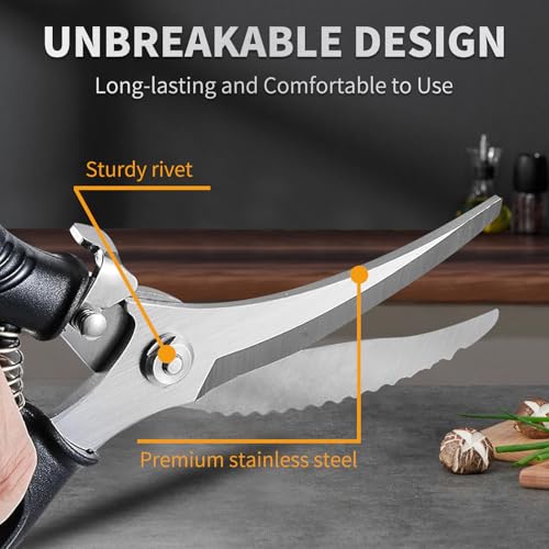 Heavy Duty Kitchen Shears - Stainless Steel Poultry Scissors with Non-Slip Handle & Safety Lock