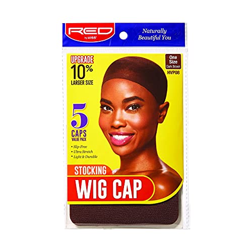 Red by Kiss Stocking Wig Cap - 5 Pack, Dark Brown, Slip-Free