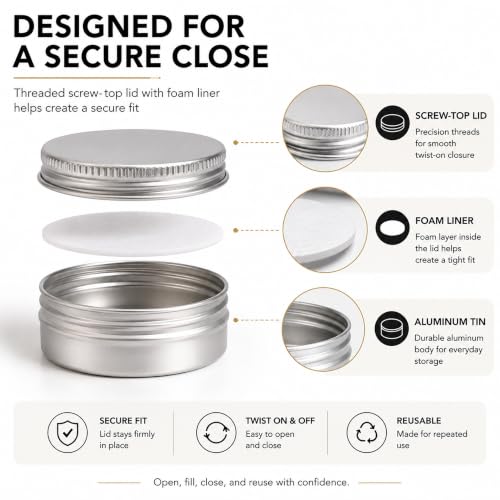 32 Pack Silver Aluminum Screw Top Tins with Labels, 1 oz