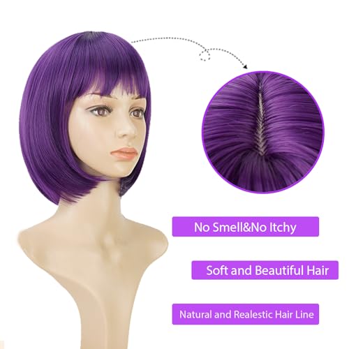 Phoenixfly Purple Short Bob Wig with Bangs - 12 Inch Synthetic Hair for Women