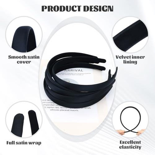 20-Pack Black Satin Fabric Covered Wide Plastic Headbands for DIY Crafts & Hairstyles