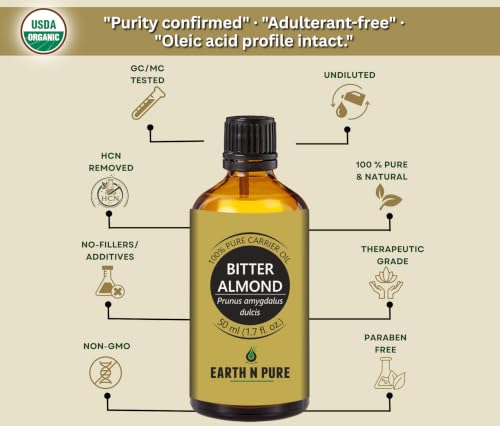 EARTH N PURE Bitter Almond Oil 50ml - Cold-Pressed Carrier Oil for Hair, Beard & Skin Care, DIY Blends