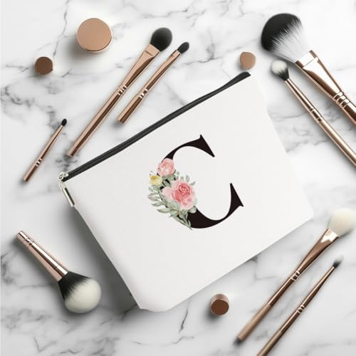 Roses C Personalized Makeup Bag with Initial Letter Monogram - Pink Linen Cosmetic Pouch